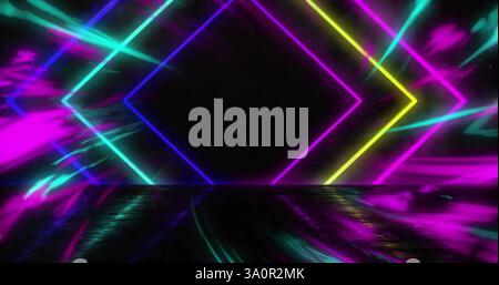Neon geometric shapes and reflections, vibrant image over dark background Stock Photo