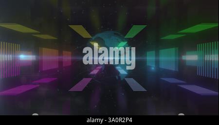 Image of spinning globe and shapes over digital tunnel Stock Photo