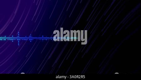 Image of digital data processing over purple light trails on black backgorund Stock Photo
