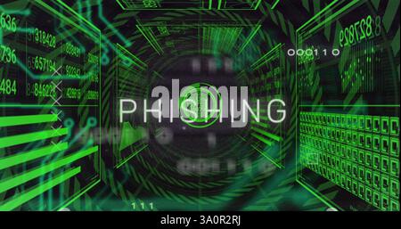 Image of data processing and diagrams over phishing text Stock Photo