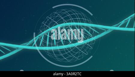 Image of dna strand over globe on blue background Stock Photo