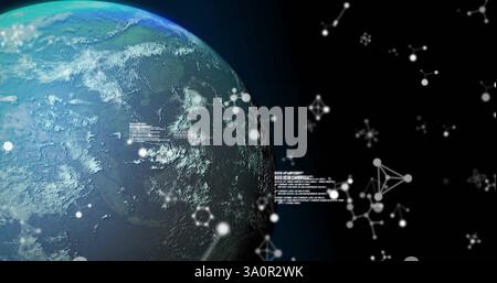 Image of data processing and moelcules over globe on black background Stock Photo