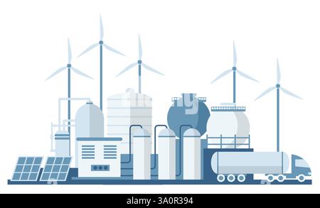 Green Hydrogen H2 Production from Renewable Energy Sources. Industrial Zone. Vector Illustration Stock Vector