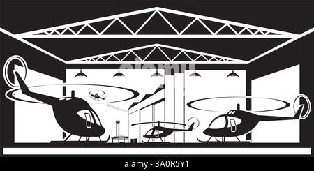 Helicopter hangar at airport - vector illustration Stock Vector