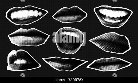 Vector lips and screaming mouth with monochrome halftone effect. Grunge punk y2k collage design elements. Stock Vector