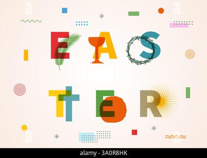 Easter creative typographic poster with Christian symbols. Happy Easter, church banner with palm branch, bowl and bread icons, crown of thorns, cross Stock Vector