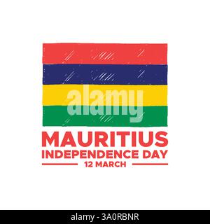 Mauritius Independence Day 12 March flag ribbon with map vector poster,Mauritius Day commemorates the independence of the Republic of Mauritius. Stock Vector