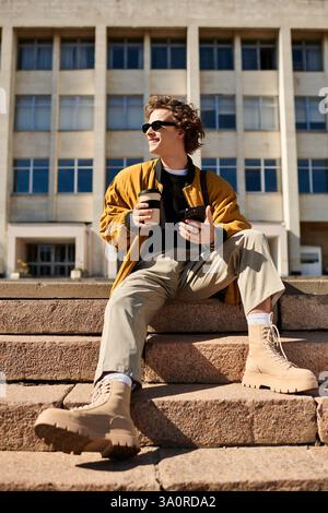 Handsome young man sits casually on stone steps, sipping coffee while using his phone in daylight. Stock Photo