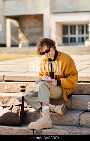 A young man in a trendy outfit relaxes on campus steps, sketching in a notebook and sipping coffee. Stock Photo