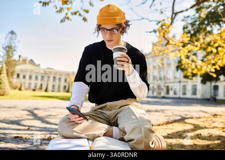 Stylish young man sips coffee and checks his phone while sitting on a sunny park bench Stock Photo
