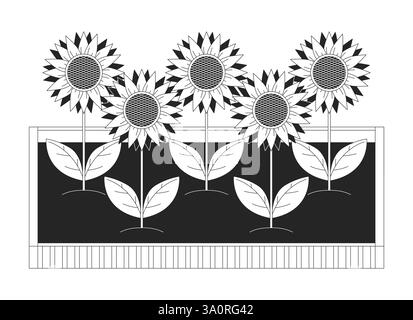 Raised garden bed with sunflowers leaves 2D line object Stock Vector