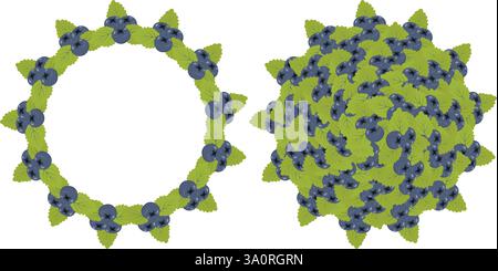 Hand drawn Blueberry and green leaves Circular Frame border and Round Background Copy space Template. Set 2 Isolated Vector illustration Thematic cards, poster, label or web promo banner, leaflet, tag Stock Vector