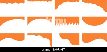 Set of orange abstract wave, arc, and zigzag border shapes. Collection of dynamic edge templates for banners, posters, headers, and graphic design pro Stock Vector