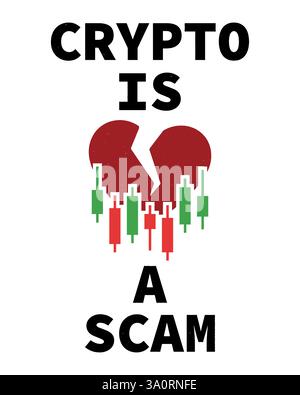 Crypto is a Scam - funny vector concept distressed featuring a broken heart with a candlestick chart Stock Vector