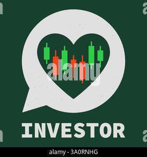 Crypto Investor - distressed vector design featuring a heart and candlestick chart in speech bubble for cryptocurrency Investors Stock Vector