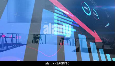Declining bar graph and red arrow image over empty office chairs and desks Stock Photo