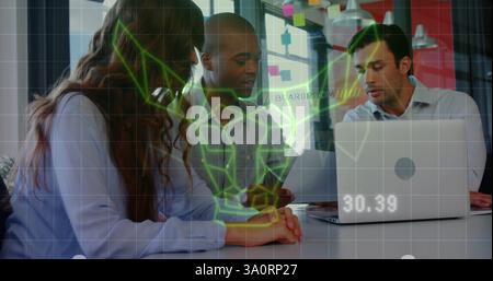 Business team discussing project over holographic data image in modern office Stock Photo