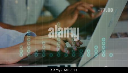 Typing on laptops, binary code and data processing image over hands Stock Photo