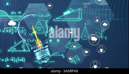 Image of mathematical equations over lightbulb and shapes Stock Photo