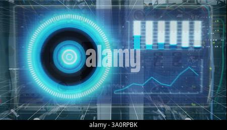 Image of blue circular scanners and charts processing data over servers Stock Photo