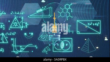 Image of mathematical equations over lightbulb and shapes Stock Photo