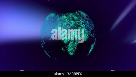 Image of light trails over spinning globe Stock Photo