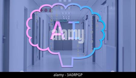 Image of binary coding and ai text over server room Stock Photo