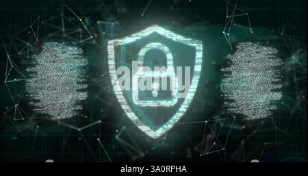 Image of padlock and data processing over biometric fingerprints Stock Photo