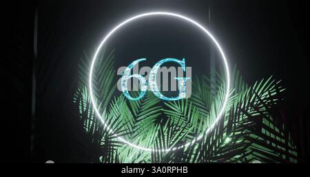 Image of 6g text over neon circle and leaves Stock Photo