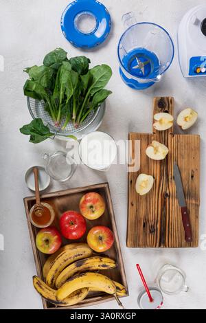 Ingredients for making smoothies fresh fruits and yogurt, healthy food, top view Stock Photo
