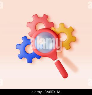 3D cog gears with magnifying glass isolated. Stock Vector