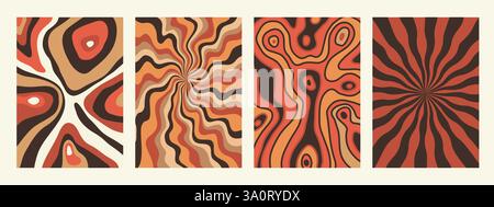 Abstract psychedelic retro pattern set. Groovy backgrounds in retro colors. Trendy twisted funky vector texture in abstract y2k style. Vector graphic Stock Vector