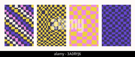 Abstract Groovy checkerboard backgrounds. Set of psychedelic retro patterns in retro colors. Trendy twisted and checkered funky vector texture in Stock Vector