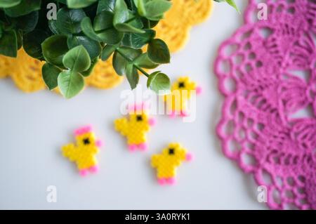 Easter decorations on the table close up. Easter background. Stock Photo