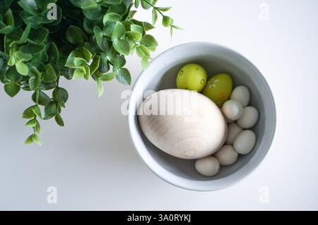 Easter decorations on the table close up. Easter background. Stock Photo