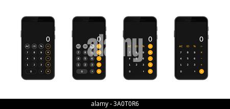 Four smartphones displaying different calculator layouts with numeric buttons Stock Vector