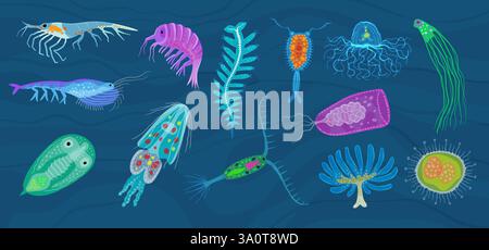 Plankton. Underwater ocean life different microorganism recent vector microbiology illustrations set Stock Vector