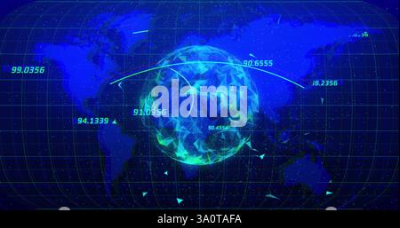 Rotating globe with numerical data and network connections image over world map Stock Photo