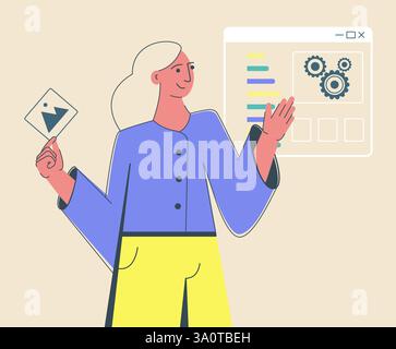 App developer concept for site. Programmer placing contents on smartphone screen. Building mobile app layout, vector illustration. The young woman is Stock Vector