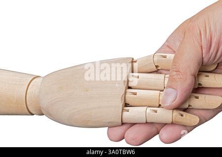 Handshake between human hands and wooden hands is a greeting concept on a white background. Stock Photo