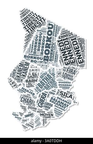 Chad shape text cloud. Country border with shadow on white background. Chad with regions division in vintage gazette style. Stock Vector