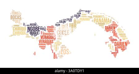 Panama Word Cloud. Country shape with region division. Panama typography style image. Region names tag clouds. Vector illustration. Stock Vector