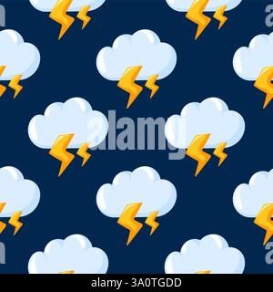 Seamless pattern with thunderstorm clouds and lightning bolts on a dark blue background in cartoon style. Perfect for wallpaper, textiles, wrapping Stock Vector