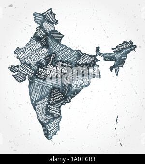 India states word clouds. Country shape on textured background. India design in typographic style. Amazing vector illustration. Stock Vector