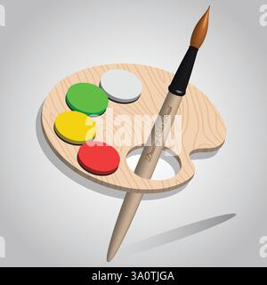 A 3D digital illustration of a wooden palette with vibrant paint blobs in red, yellow, green, and white With a paintbrush for drawing. Stock Vector