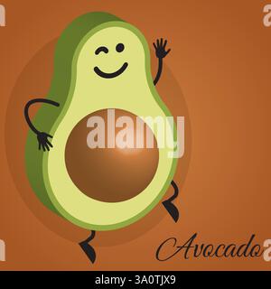 A fun and lively cartoon-style avocado character with a cheerful expression,one eye winking,and playful arms and legs. Stock Vector