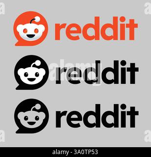 Modern Reddit red, black, and white logo with a talk bubble, presented in three versions Stock Vector