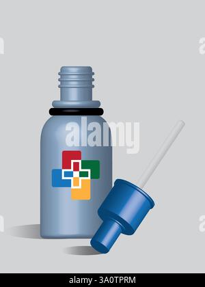 Realistic 3D dropper bottle . Blank vials for liquid drug. light blue bottle template with deep blue dropper cap for dispensing liquid medication Stock Vector