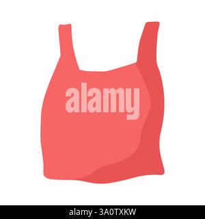 Crumpled plastic red bag icon. Disposable polyethylene shopping sack with handles. Empty package isolated symbol. Wrinkled, lightweight, used supermarket pack. Environmental pollution sign concept. Stock Vector