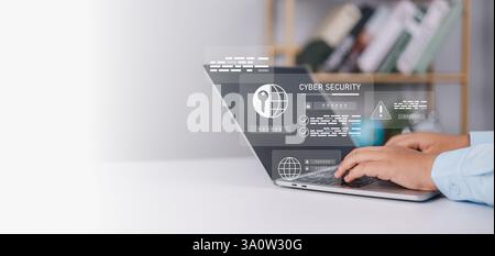Cyber security network, Data protection concept, Businessman using laptop computer with digital padlock on internet technology networking with cloud c Stock Photo